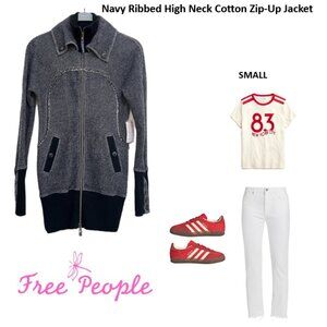 Free People Navy Ribbed High Neck Cotton Zip-Up Long Jacket
